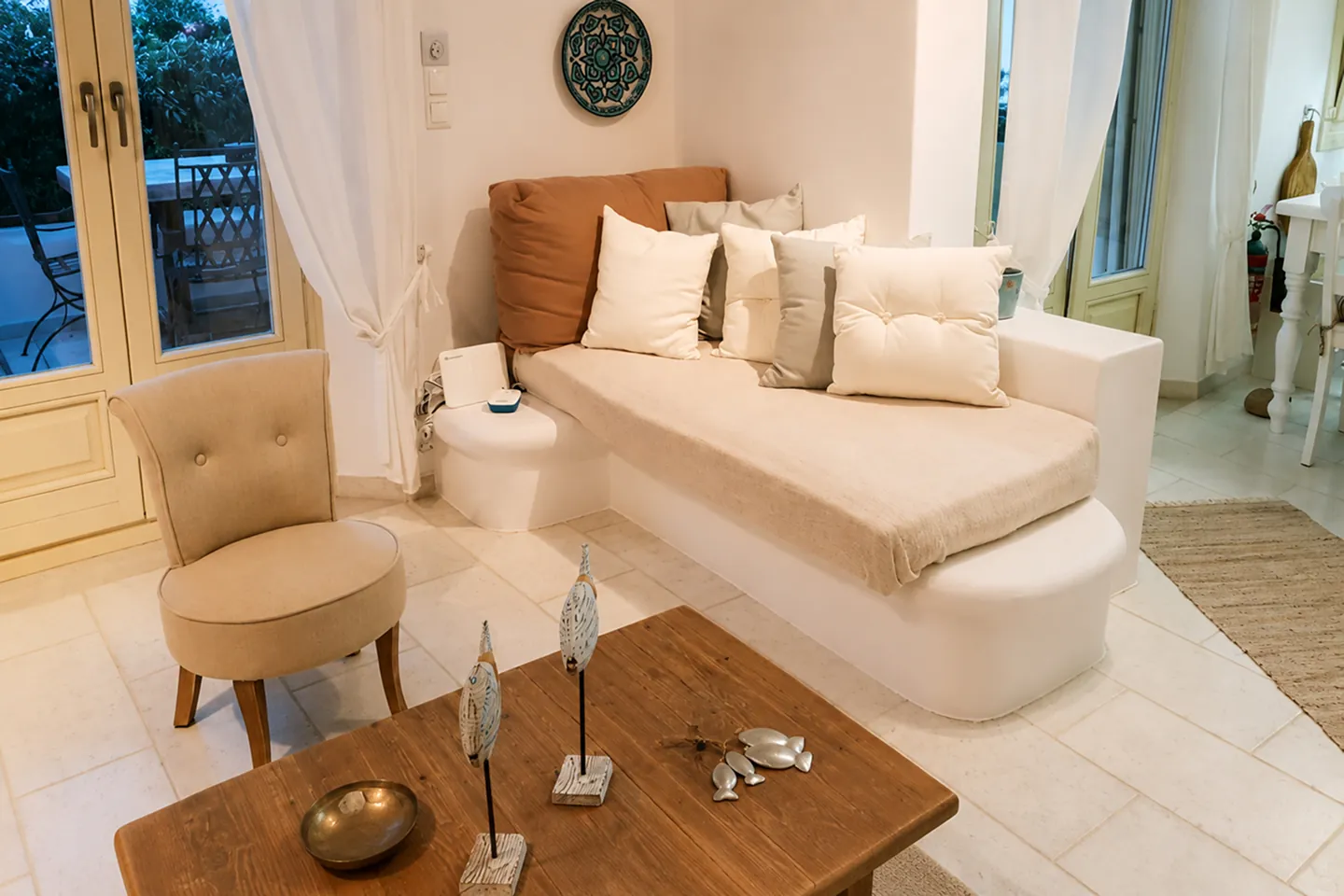 Villa Nausithoe living room interior with Cycladic decor