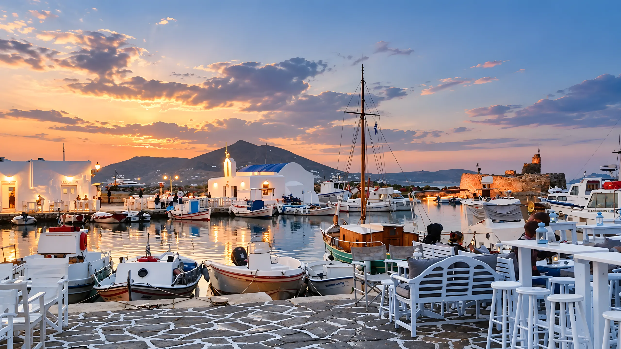 Naoussa harbour at sunset in Paros
