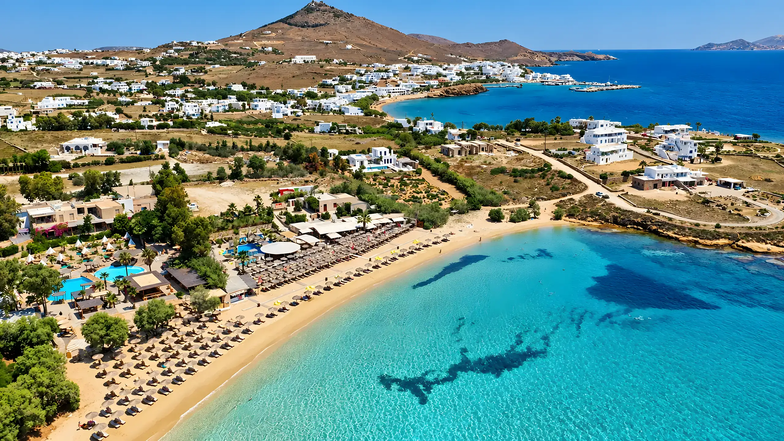 Aerial view of a beach and bay in Paros