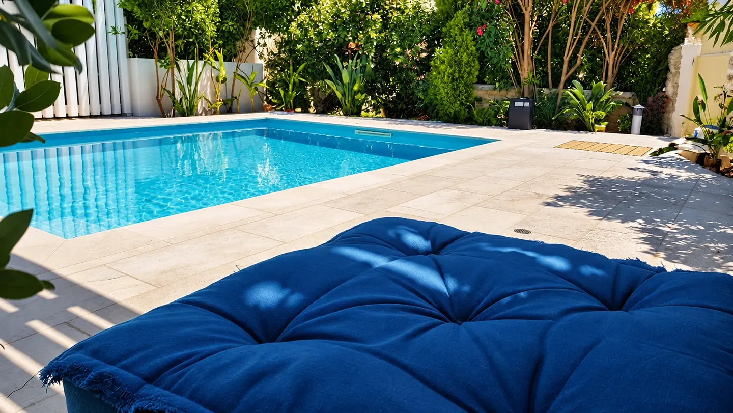 Villa Nausithoe pool area with sun lounger