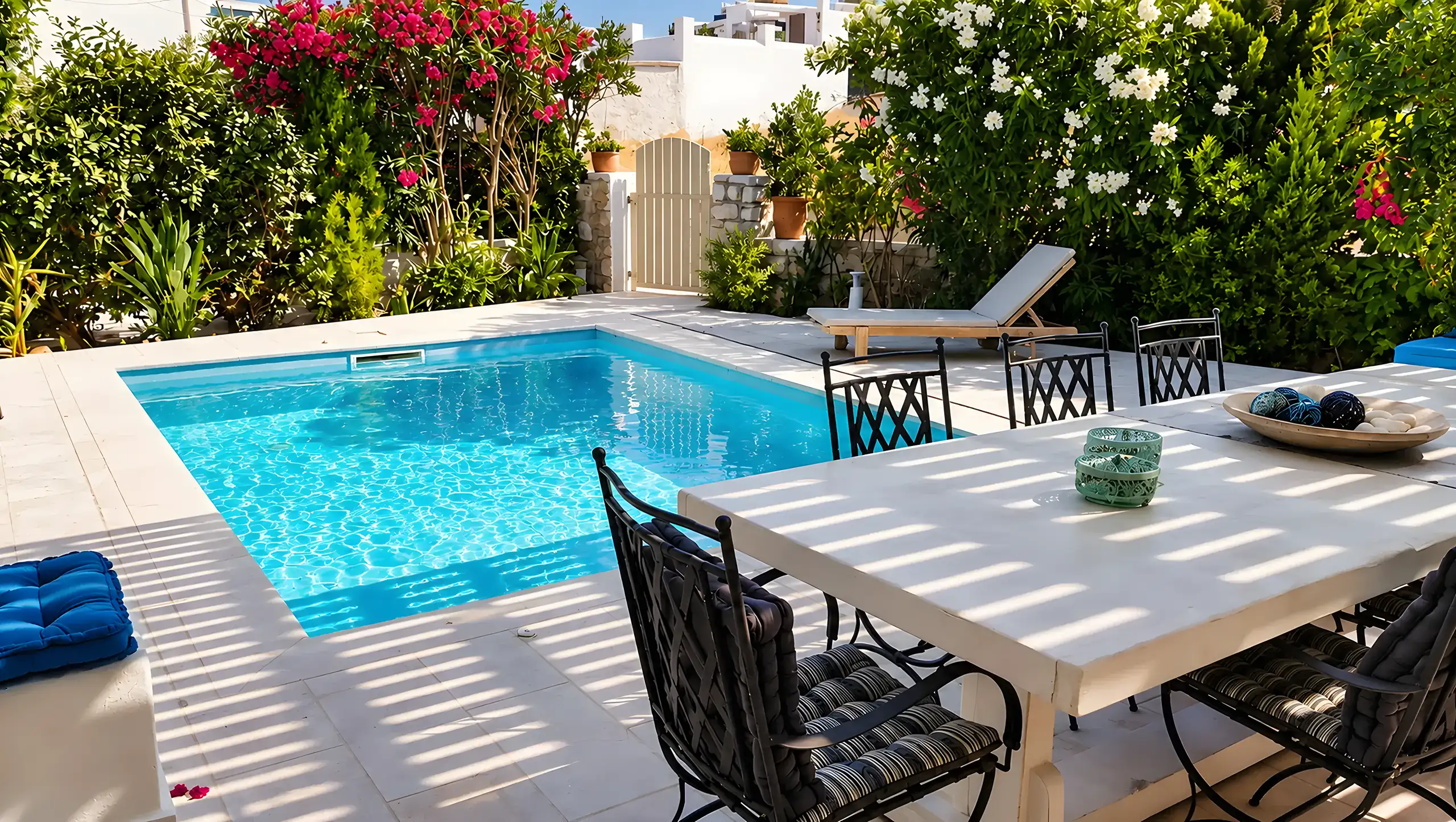 Villa Nausithoe pool and outdoor dining terrace in Logaras, Paros